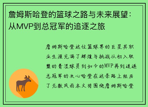 詹姆斯哈登的篮球之路与未来展望：从MVP到总冠军的追逐之旅